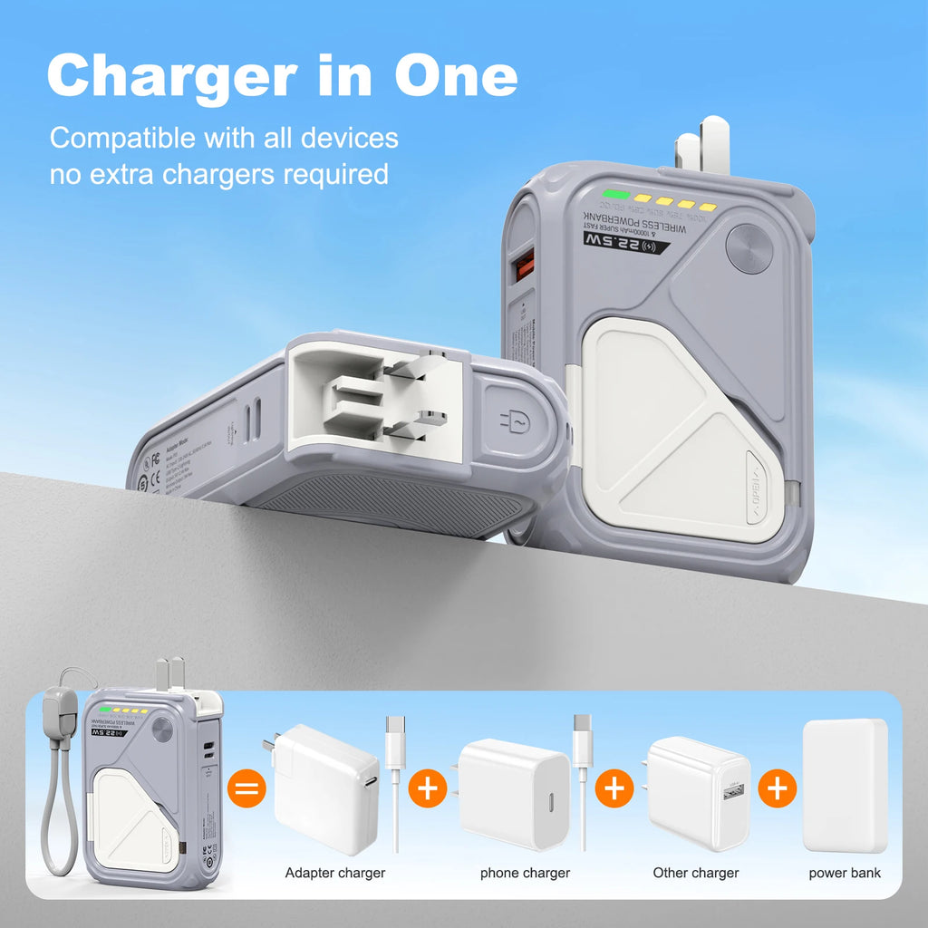 PD 22.5W Fast Charging 10000mAh Magnetic Wireless Power Bank USB Type-C Detachable Data Cable Phone Holder Emergency PowerBank